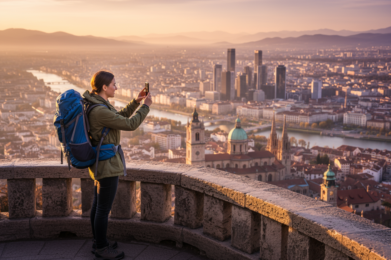 a travelor with phone on a scenic cityview